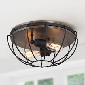 Industrial Black Semi Flush Mount 2-Light 14.5 in. Cage Rustic Bedroom Ceiling Lights with Wood Accents