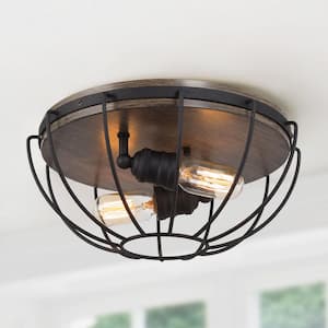 14.5 in. 2-Light Black Industrial Cage Flush Mount with Faux Wood Accents Rustic Ceiling Light for Kitchen Bedroom Entry