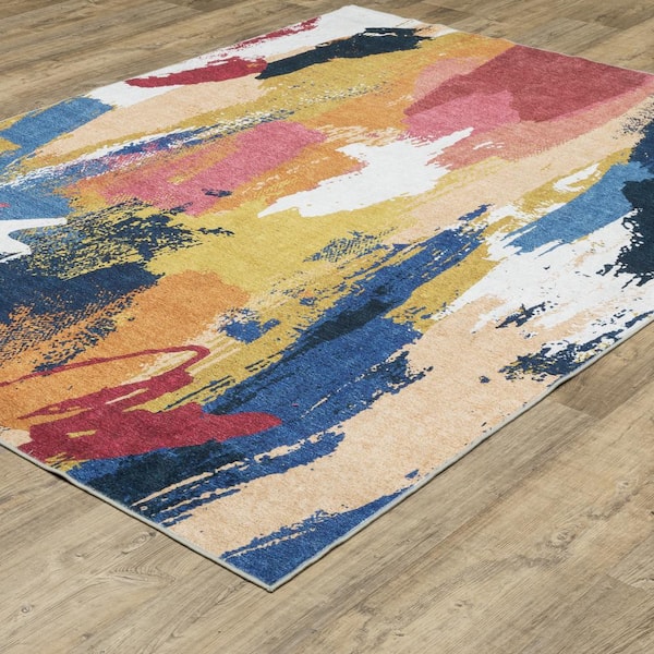 Summit Multi-Colored 4 ft. x 6 ft. Abstract Paint Polyester Machine Washable Indoor Area Rug