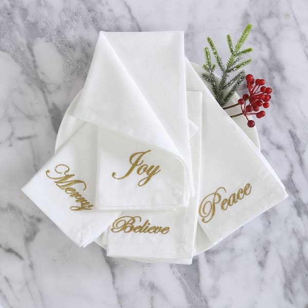 Holiday Sentiments Napkins, Set of 4, Ivory - 20"W x 20"L