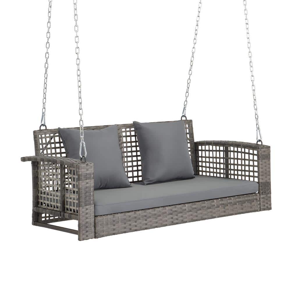 Gray Wicker 2-Person Porch Swing with Cushions and Steel Frame