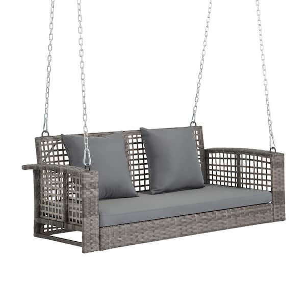 Karl home 2-Person Gray Wicker Porch Swing with Gray Cushion