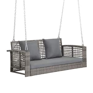 2-Person Gray Wicker Porch Swing with Gray Cushion