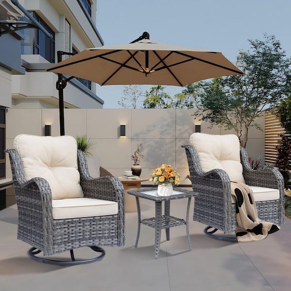 Gray 3-Piece Wicker Swivel Outdoor Rocking Chairs Patio Conversation Set with Beige Cushions
