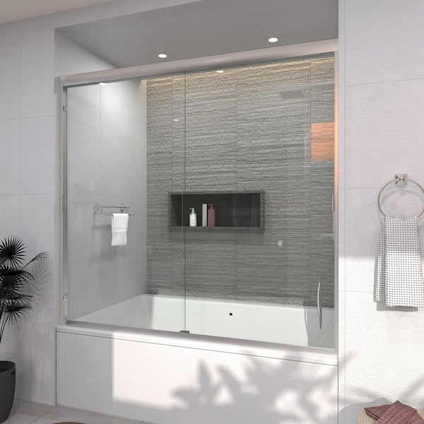 Prism 60 in. W x 56 in. H Sliding Semi-Frameless Tub Door in Brushed Nickel with Clear Glass and Handles