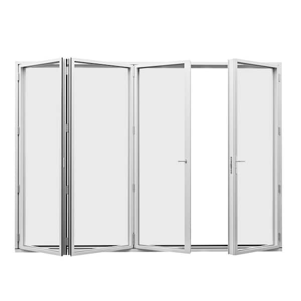 144 in. x 96 in. Left Center Opening/Outswing Double Tempered Glass White Aluminum Folding Patio Door with Door Stopper