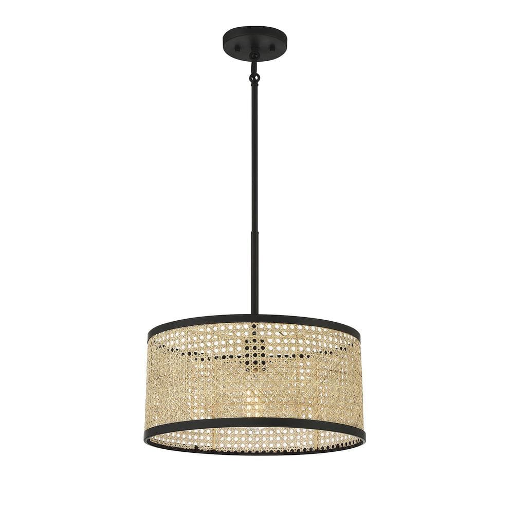 Mid-Century Modern Natural Cane & Matte Black 1-Light Pendant
