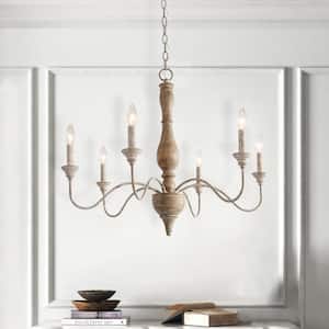 6-Light Rustic Farmhouse Wood Chandelier 29.5 in. W with Antique White French Country Accents and Classic Candle Style