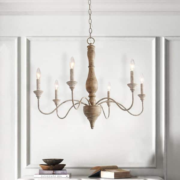 LNC 6-Light Rustic Farmhouse Wood Chandelier 29.5 in. W with Antique White French Country Accents and Classic Candle Style