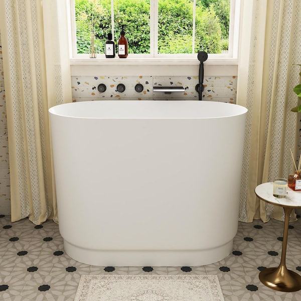 39 in. x 22 in. Freestanding Stone Resin Solid Surface Japanese Soaking Bathtub in Matte White with Seat
