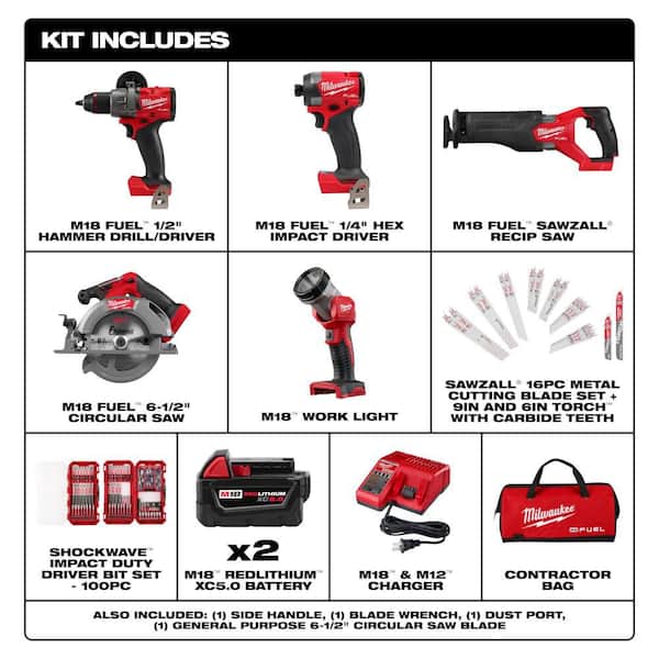 M18 FUEL 18V Li-Ion Cordless Combo Kit (5 Tool) w/ 2 5.0 Ah Batteries, 1 Charger 1 Bag w/ Bit Set & Recip Bld Set