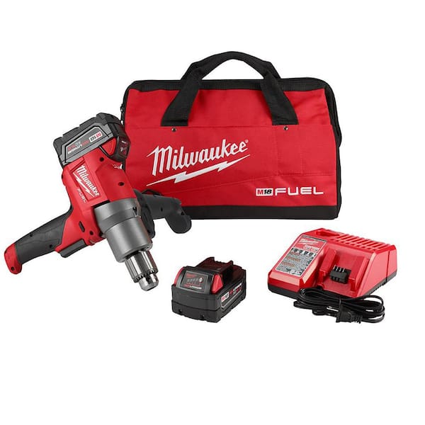 Milwaukee M18 FUEL 18V Lithium-Ion Brushless Cordless 1/2 in. Mud Mixer Kit W/(2) 5.0Ah Batteries, Charger & Tool Bag