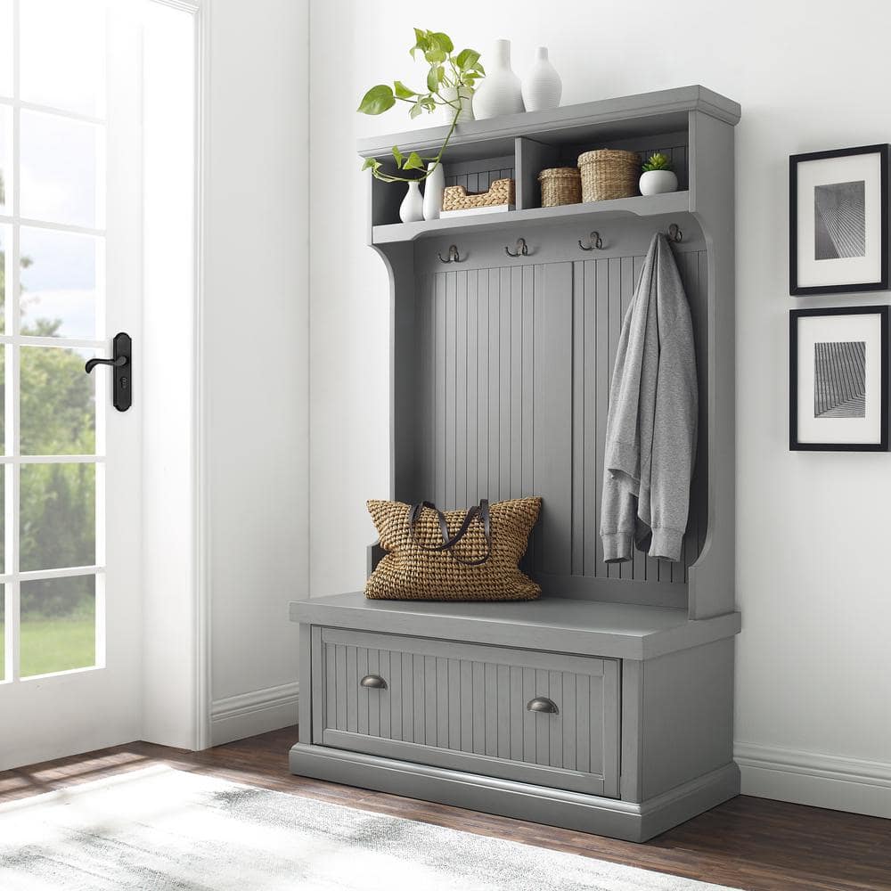 Distressed Gray Coastal Hall Tree with Storage and Hooks