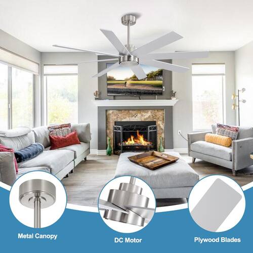 60 in. 8-Plywood Blades Nickel and Silver Indoor Ceiling Fan with Remote MLiAN Ceiling Fans Without Lights