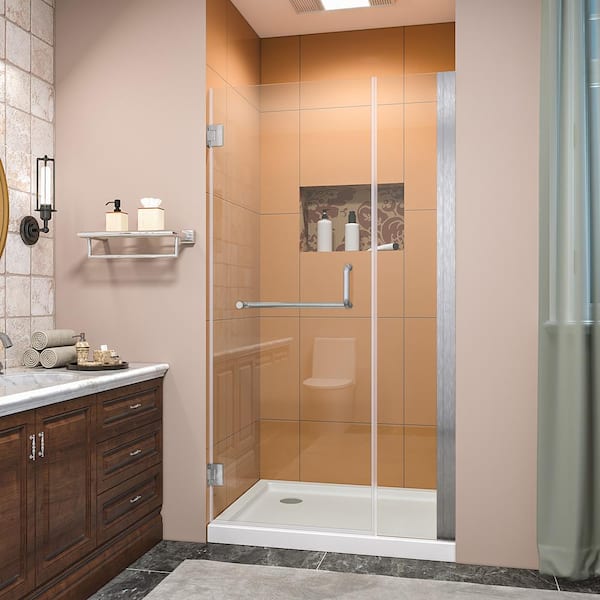 TOOLKISS 42 in. W x 72 in. H Pivot Semi Frameless Shower Door/Enclosure in Stainless-Steel with Clear Glass
