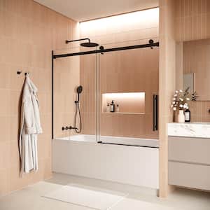 Holter 60 in. W x 58 in. H Sliding Bathtub Door, CrystalTech Treated 5/16 in. Tempered Clear Glass, Matte Black Hardware