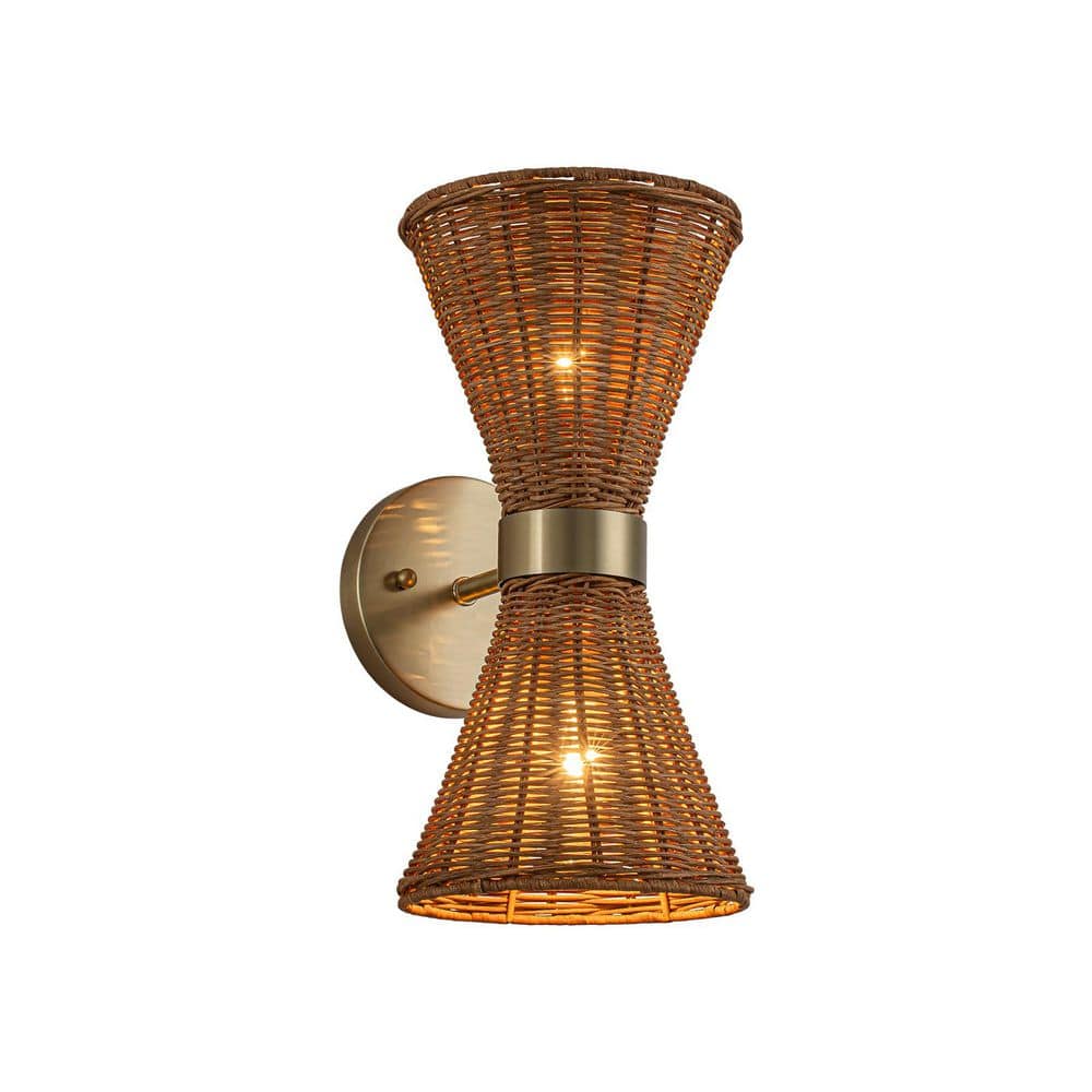 Ravia 6.3 in. 2-Light Coastal Brushed Gold Modern Farmhouse Wall Sconce with Handwoven Brow Woven Rattan Hourglass Shade price history on PriceWatchPro
