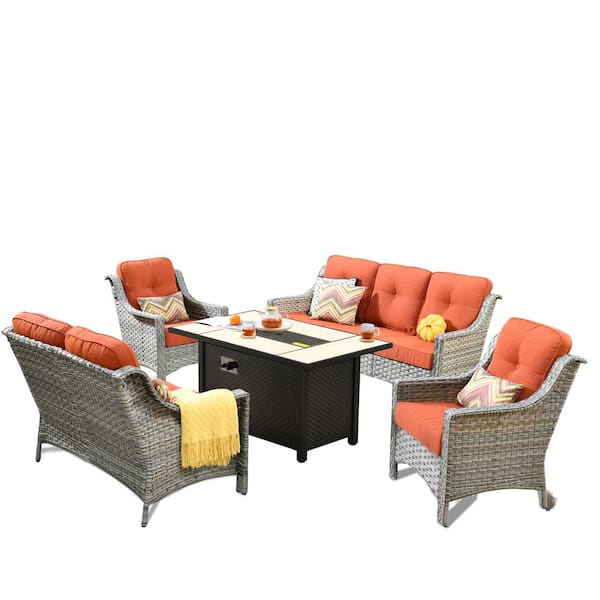 Verona 5-Piece Wicker Modern Outdoor Patio Fire Pit Furniture Conversation Sofa Loveseat Set with Red Cushions