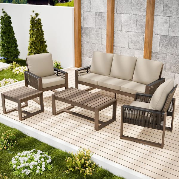 EAGLE PEAK 5-Piece Cedar Wood Wicker Outdoor Patio Conversation Set with Beige Cushions, 3-Seat Sofa, Slat Top Coffee Tables