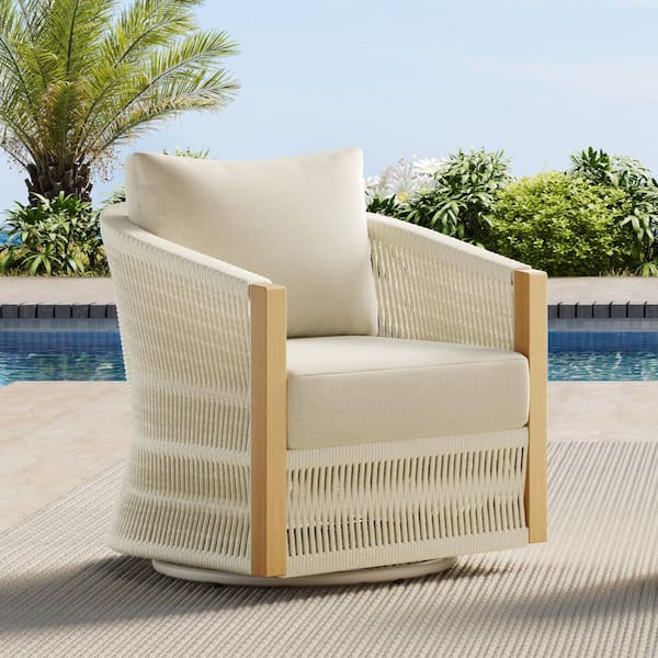 SPRUCE & SPRING Eleanor White Fabric Woven Swivel Arm Chair with Removable Cushion for Ourdoor&Indoor,Fully Assembled,Weather Resistant