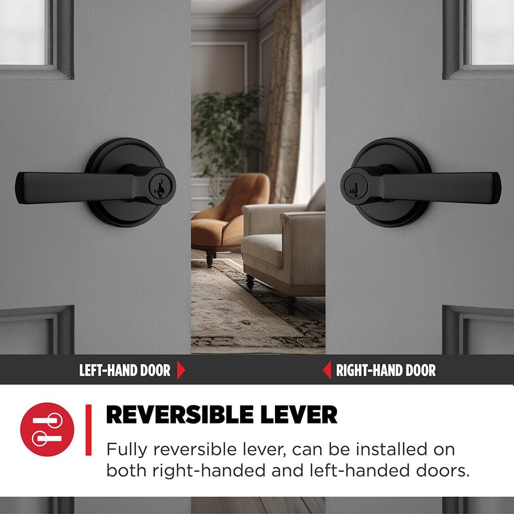 Matte Black Transitional Keyed Entry Door Lever with Round Rosette