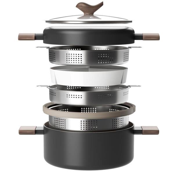 Ceramic Nonstick Cookware Set 5 Qt Stock Pot with Steamer Basket Pasta Strainer Saute Pan and Tempered
