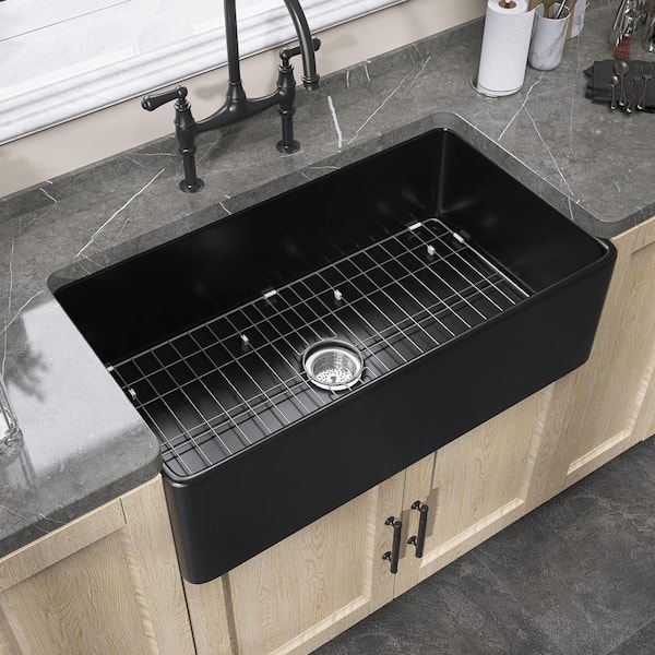 30 in. Rectangular Apron Front Farmhouse Sink Single Bowl Center Drain Black Fireclay Kitchen Sink with Bottom Grid