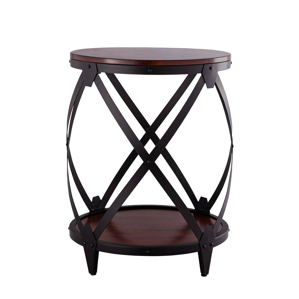 Flared Chestnut & Black Metal Drum End Table with Shelf