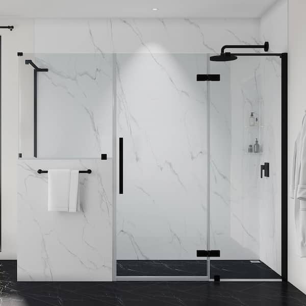 OVE Decors Tampa 74 7/8 in. W x 72 in. H Rectangular Pivot Frameless Corner Shower Enclosure in Black w/Buttress and Shelves