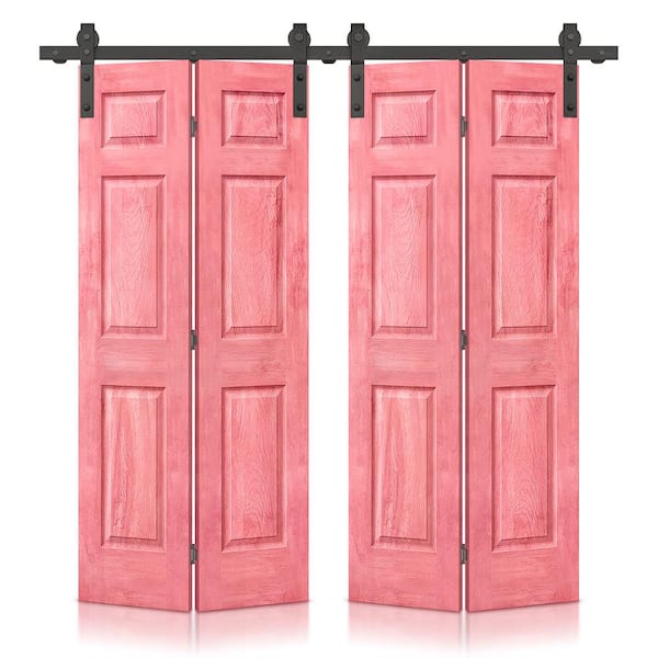 CALHOME 60 in. x 84 in. Hollow Core Antique Red Stain 6 Panel MDF Double Bi-Fold Barn Door with Sliding Hardware Kit
