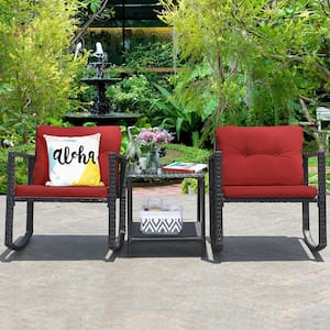 3-Piece Wicker Patio Conversation Set Rattan Chair Table Set with Red Cushions
