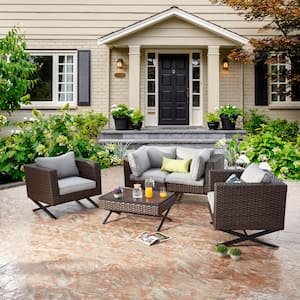 X-Leg 5-Piece Wicker Patio Conversation Sectional Seating Set with Gray Cushions
