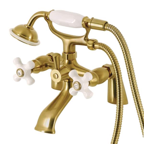 Kingston Brass Kingston 3-Handle Deck-Mount Clawfoot Tub Faucet with Hand Shower in Brushed Brass