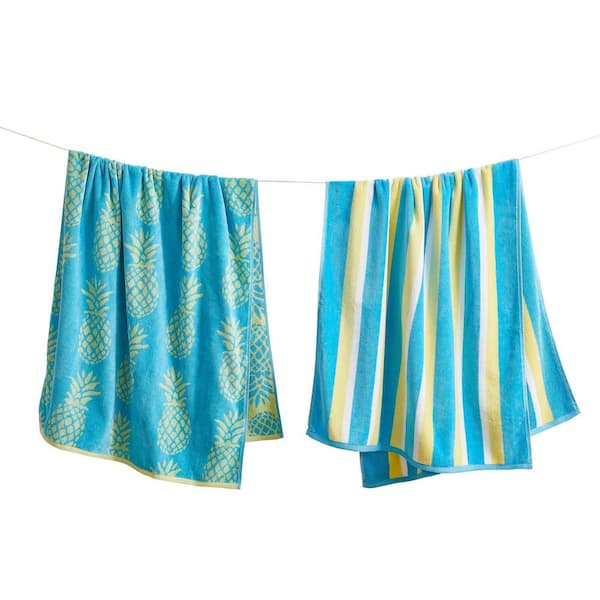 Blue/Yellow Pineapple and Stripe 2-Pack 100% Cotton Printed Beach Towel