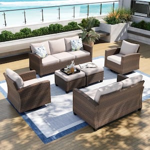 Brown Rattan Wicker 9 Seat 6-Piece Steel Patio Outdoor Sectional Set with Beige Cushions,2 Swivel Chairs,2 Ottomans