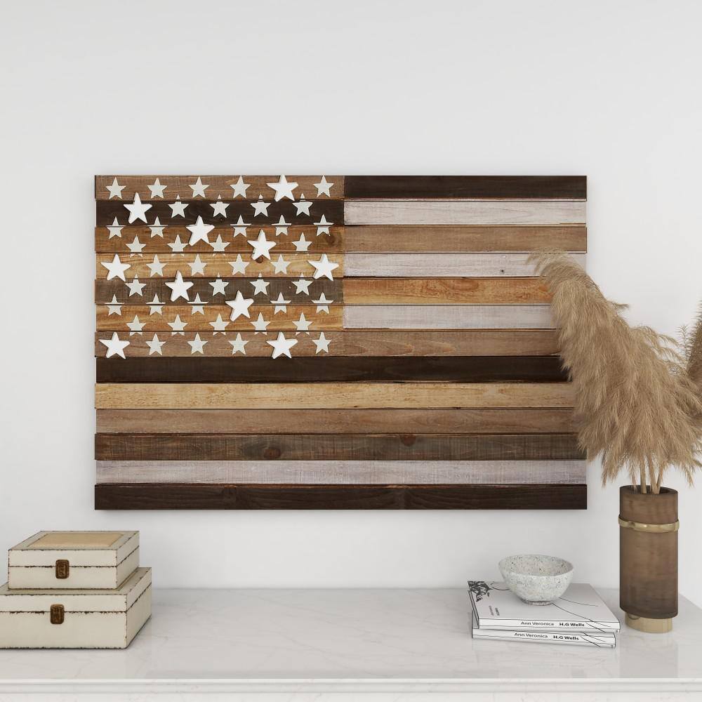 Handmade Washed Brown and Cream Wood American Flag Wall Decor