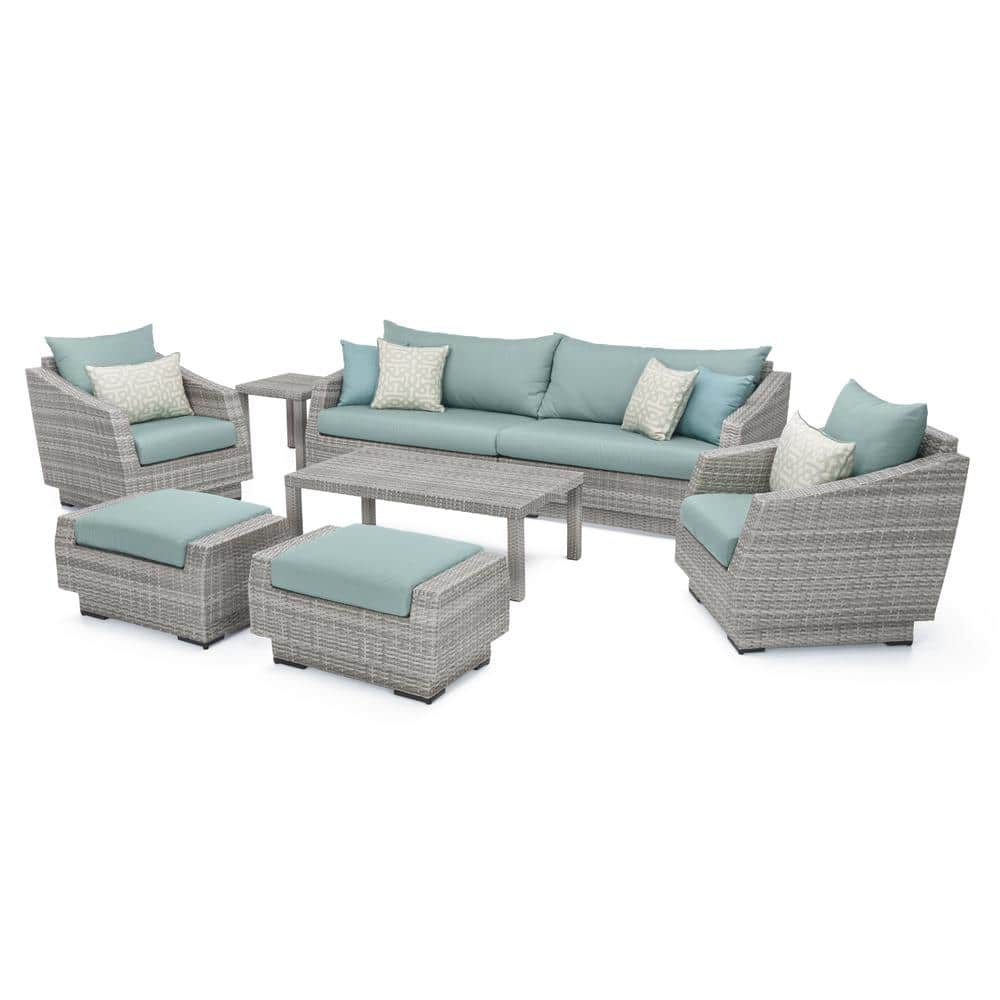 RST BRANDS Cannes 8-Piece All-Weather Wicker Patio Sofa and Club Chair Conversation Set with Spa Blue Cushions