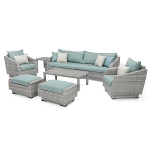 Cannes 8-Piece All-Weather Wicker Patio Sofa and Club Chair Conversation Set with Spa Blue Cushions