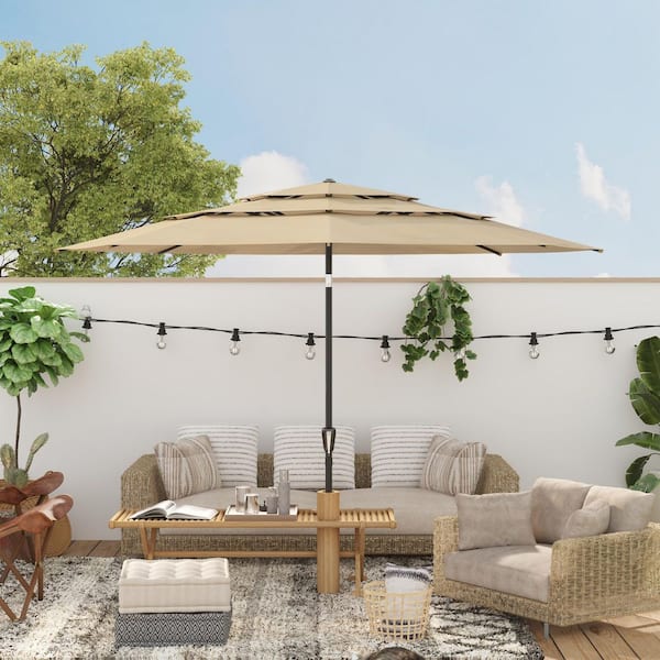 11 ft. Outdoor Beach Umbrella with 3-Tier Vented Canopy, Patio Umbrella with 8 Heavy-Duty Ribs and Crank Tilt in Khaki