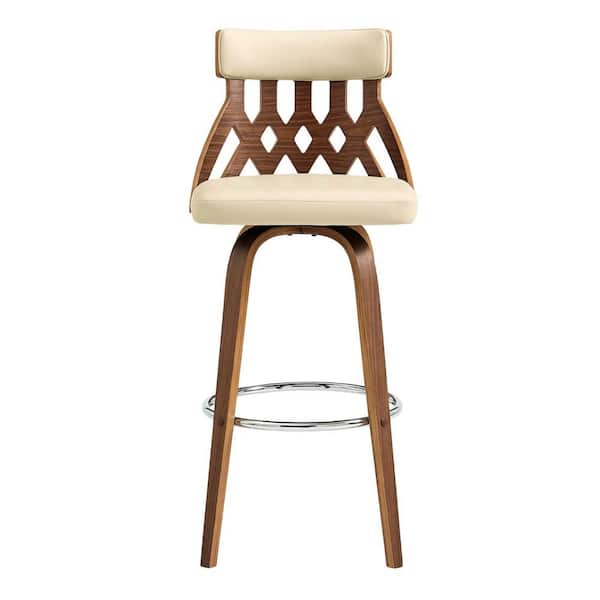 HomeRoots 26 in. Brown Faux Leather Curved Back Walnut Wood Swivel Bar Stool