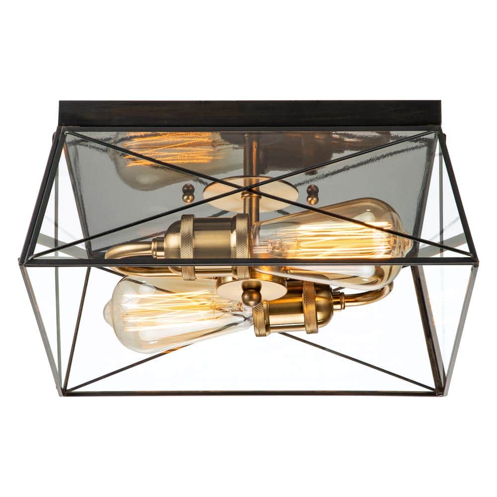 Modern Barn-Style Dark Bronze and Brass 11.75" Flush Mount with Clear Glass