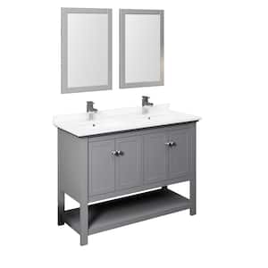 Manchester 48 in. W Bathroom Double Bowl Vanity in Gray with Quartz Stone Vanity Top in White with White Basins, Mirrors