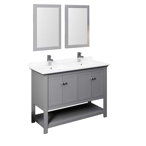 Fresca Manchester 48 in. W Bathroom Double Bowl Vanity in Gray with Quartz Stone Vanity Top in White with White Basins, Mirrors