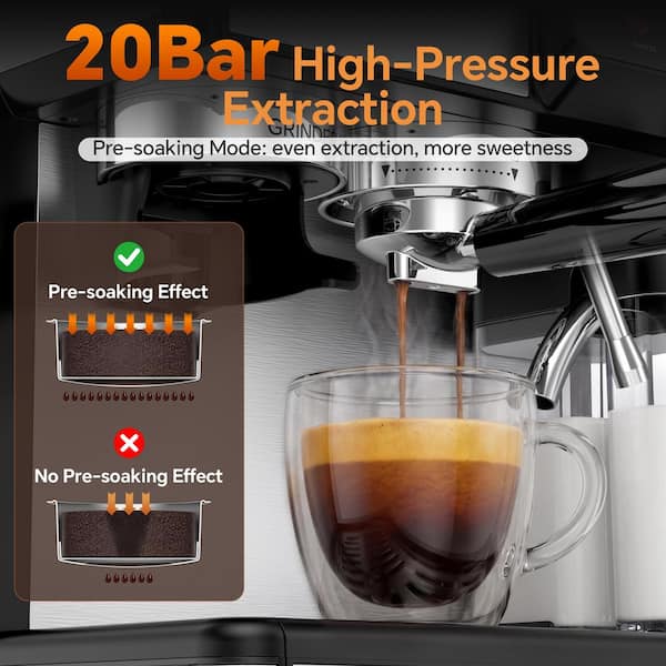 2-Cup Silver Semi-Automatic Espresso Machine with Built-In Grinder, 20-Bar Extraction, NTC Temp Control