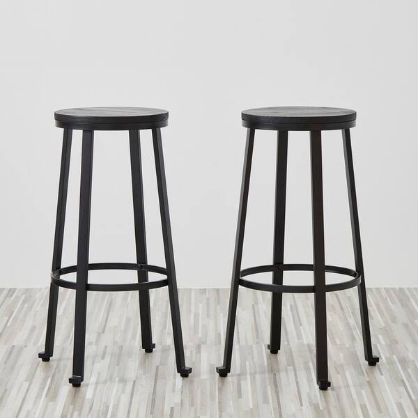 Glitzhome 29.25 in. H Black Steel Bar Stool with Round Elm Wood