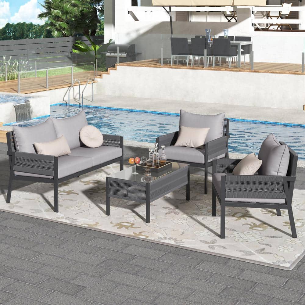 Boho 4-Piece Grey Metal Patio Conversation Set with Tempered Glass Table an
