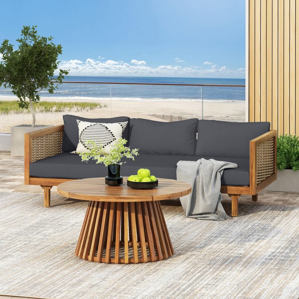 Riley Teak Finish 2-Piece Wood and Wicker Outdoor Patio Conversation Set with Dark Grey Cushions, Rattan Armrests