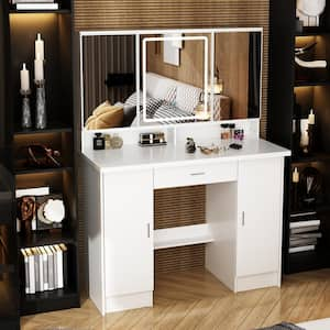 White Makeup Vanity Table with 3-Mirrors, LED Lighted, Drawers, Hidden Storage Shelves, Door Cabinets