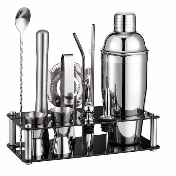 15-Piece Light Silver Stainless Steel Cocktail Shaker Bar Tool Set with Acrylic Stand