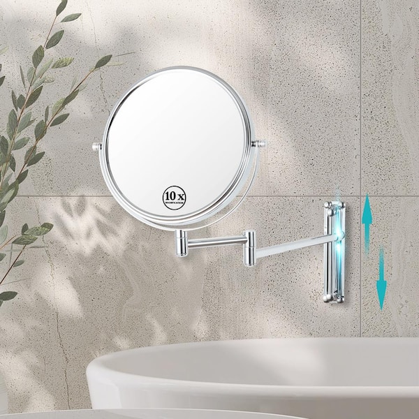 Unbranded 8 in. W x 8 in. H Round 10 Magnifying Height Adjustable Telescopic Wall Mounted Bathroom Makeup Mirror in Chrome
